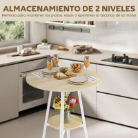 HOMCOM Mesa Alta Cocina Redonda con Estante de Almacenamiento Moderna para 2 Personas 55x55x95 cm Madera Natural y Blanco(m-4)
