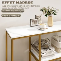HOMCOM Console meuble 120 cm, table console 3 niveaux avec étagères de rangement, plateaux imitation marbre, blanc et doré(m-4)
