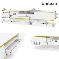 Modern LED TV Cabinet with High-Gloss Finish and Metallic Trim, Spacious Unit with Open Compartment, 180L x 38W x 45H cm, White(m-3)