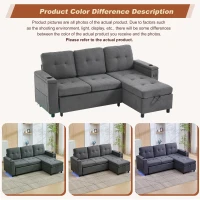 L-Shaped 3-Seater Sofa Bed with Hidden Storage, App-Controlled LED Light, Pull-Out Sofa for Compact Areas, 208L x 146W x 89.5H cm, Grey(m-5)