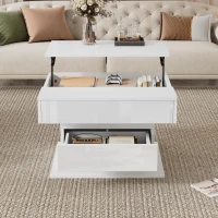 360° Rotating Coffee Table with Height-Adjustable Top and Hidden Storage, Modern Centre Table for Living Rooms, 70L x 70W x 45H cm, White(m-1)