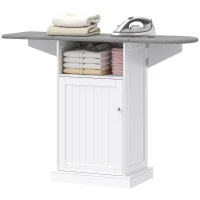 HOMCOM Móvel com Tábua de Engomar Dobrável sobre Rodas com Prateleira Aberta e Armário 121x37x89 cm Branco e Cinza(m-7)