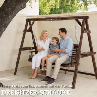 Outsunny Hollywoodschommel, 3-zits tuinschommel van hout, houten schommel met zitkussen en zijtafeltjes tot 330 kg Verkoold(m-4)
