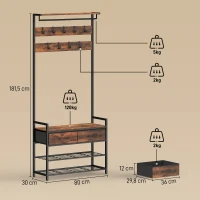 HOMCOM Cabideiro com ganchos, banco para sapatos, organizador de entrada estilo industrial, estrutura de aço, Castanho Rústico(m-3)