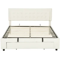 HOMCOM King Size Ottoman Bed Frame, with Front Drawer - Cream(m-1)