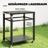 Outsunny Buiten barbecuewagen, standaard voor pizzaoven met metalen werkblad, 2-laagse mobiele keukenwagen met haken en handgreep, zwart(m-5)