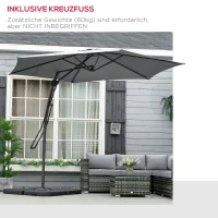 Outsunny Zweefparasol Ø293cm Zonnescherm met zijhendel Kruisvoet, Windbescherming Waterafstotend Donkergrijs(m-6)