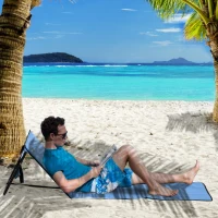 Outsunny Strandligstoel, opvouwbaar, verstelbare rugleuning, zijvak, zachte vulling, stalen frame, Blauw, 142x51x40cm(m-2)