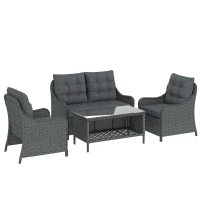 Outsunny 4-Piece Wicker Patio Furniture Set with 2 Armchairs, Loveseat, Glass Coffee Table, Conversation Sofa Set, Dark Grey(m-1)