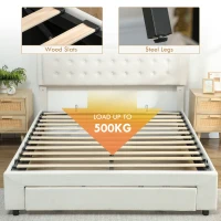 HOMCOM King Size Ottoman Bed Frame, with Front Drawer - Cream(m-6)