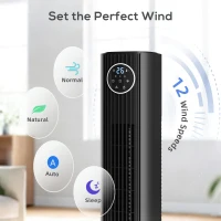 HOMCOM 28dB Tower Fan for Bedroom, 26 ft/s Velocity Standing Cooling Fan with 80° Oscillating, 12 Speeds, LED Display, 4 Modes, 12H Timer, Bladeless, Remote Control, 36 inch, Black(m-7)