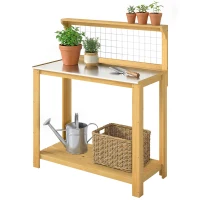 Outsunny Wooden Potting Bench Table with Aluminium Worktop, Outdoor Garden Workbench with 2 Shelves(m-11)