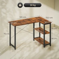 HOMCOM L Shaped Desk, Corner Computer Desk with Bookshelf for Home Office, Study Room, Workstation, 120 x 73.2 x 75cm, Rustic Brown(m-3)