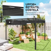 Outsunny Pérgola de Jardim de Alumínio 3x3 m com Teto Retrátil e Lateral Enrolável UPF30+ Pérgola para Exterior Cinza(m-5)