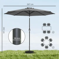 Outsunny 2.7 m Garden Parasol Umbrella with Cross Base and Sandbag, Retractable Ribs, Outdoor Table Market Umbrella, Light Grey(m-3)