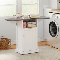 HOMCOM Meuble Planche à Repasser Pliable sur Roulettes avec Étagère Ouverte et Armoire, 121x37x89 cm, Blanc et Gris(m-2)