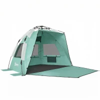 Outsunny 2-3 Person Pop Up Beach Tent, UPF15+ Sun Shelter with Extended Floor, Sandbags, Mesh Windows and Carry Bag, Green(m-10)