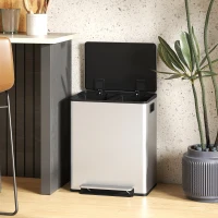 HOMCOM 50L Dual Compartment Stainless Steel Bin, with Deodoriser Holders - Silver(m-8)