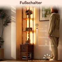 HOMCOM LED-Stehlampe mit Regalen, einstellbare Helligkeit, Fußschalter für Schlafzimmer, Rustikales Braun(m-6)