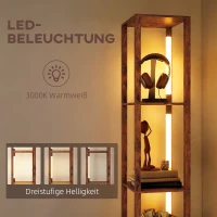 HOMCOM LED-Stehlampe mit Regalen, einstellbare Helligkeit, Fußschalter für Schlafzimmer, Rustikales Braun(m-5)