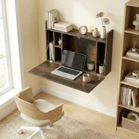 HOMCOM Wall Mounted Desk, Drop Leaf Floating Laptop Desk with Space Saving Storage Compartments for Home Office, Dark Brown(m-2)