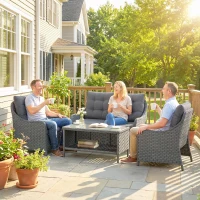 Outsunny 4-Piece Wicker Patio Furniture Set with 2 Armchairs, Loveseat, Glass Coffee Table, Conversation Sofa Set, Dark Grey(m-8)