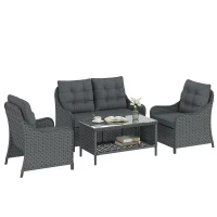 Outsunny 4-Piece Wicker Patio Furniture Set with 2 Armchairs, Loveseat, Glass Coffee Table, Conversation Sofa Set, Dark Grey(m-10)