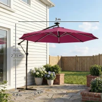Outsunny 3 m Garden Cantilever Parasol with LED Solar Light, Round Overhanging Umbrella with 360° Rotation, Cover, Wine Red(m-3)