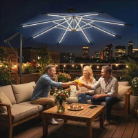 Outsunny 3 m Garden Cantilever Parasol with LED Solar Light, Round Overhanging Umbrella with 360° Rotation, Cover, Navy Blue(m-2)