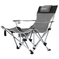 Outsunny Silla de Camping Plegable y Reclinable con Reposapiés Desmontable, Reposacabezas y Portavasos, Gris(m-7)
