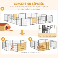PawHut Parc pour chien, enclos chien 16 panneaux modulable et pliable, portable en acier avec portes 80 x 60 gris(m-5)