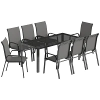 Outsunny 9 Pieces Garden Dining Set, Outdoor Table and Chairs Set for 8, Garden Furniture Set with Tempered Glass Top, Dark Grey(m-1)