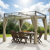 Outsunny 3 x 3 m Pergola with Retractable Roof Canopy and Curtains, UPF30+ Metal Frame Garden Pergola Gazebo Sun Shade, Khaki(m-9)