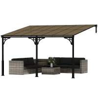 Outsunny 4 x 3 m Metal Lean-to Pergola, Wall-Mounted Garden Pergola with Polycarbonate Roof and Metal-Aluminium Frame, Heavy Duty Hardtop Gazebo for Outdoor Patios, BBQ, Brown(m-11)