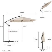 Parasol déporté AUREA Ø 3 m - Structure en aluminium avec toile polyester 180g - Creme(m-6)