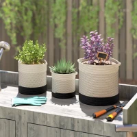 Outsunny Plant Pots Handwoven Cotton Indoor Planters with Waterproof Liner Set of 3 White(m-2)