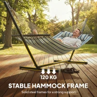 Outsunny Outdoor Hammock with Stand Detachable Pillow Striped Swing Steel Frame, for Garden, Patio, Green(m-7)