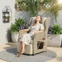 Outsunny Rattan Garden Recliner Chair, Reclining Garden Chair with Adjustable Back and Footrest, Flip Table, Cushion, Brown(m-2)