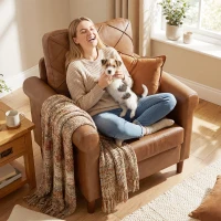 HOMCOM Poltrona Relax Estofada em PU com Almofada Espessa Encosto com Costuras e Pernas de Madeira Maciça Castanho(m-7)