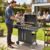 Outsunny 4+1 Burner Gas BBQ Grill with Storage Cabinet, 15.2 kW Gas Barbecue Trolley with Side Table, 4 Wheels, Warming Rack(m-2)