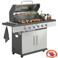 Outsunny 6 Burner Liquid Propane Gas BBQ Grill, Outdoor Portable Gas Barbecue Grill with Warming Rack, Side Tables, Cabinet(m-10)