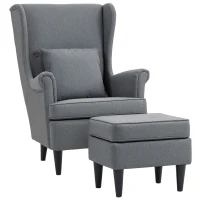 HOMCOM Oorfauteuil met Voetkruk, Gestoffeerde Fauteuil met Rubberhouten Poten, Stoffen Bekleding, Grijs(m-11)