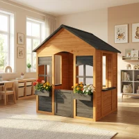 AIYAPLAY Kinderspielhaus für draußen aus Holz, Halbtür, Fenster, Pflanzkästen, 3-8 Jahre, hellbraun(m-5)