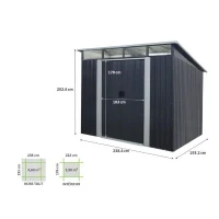 Abri de jardin en métal 4,61 m² - 238 x 193 x 202 cm - SOLER - Kit d'ancrage inclus, 2 portes coulissantes - Gris(m-3)