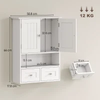 kleankin Armadietto Pensile Bagno a 2 Ante con Ripiano Aperto e 2 Cassetti in Legno, Bianco(m-3)