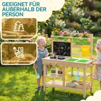 AIYAPLAY Outdoor Mud Kitchen for Kids, Wooden Play Kitchen with Sink Stove Plant Pots Chalkboard for 3-6 Years 77x32x95 cm Natural Wood(m-4)