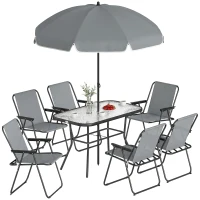Outsunny 8 Piece Garden Dining Set with Umbrella, Garden Furniture Set with 6 Folding Chairs, Tempered Glass Table for Patio Grey(m-10)