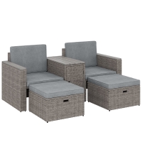 Outsunny 5 Piece Rattan Garden Furniture Set with Storage Table, Footstools, Cushions, Dark Grey