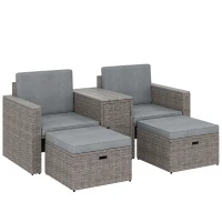 Outsunny 5 Piece Rattan Garden Furniture Set with Storage Table, Footstools, Cushions, Dark Grey(m-1)