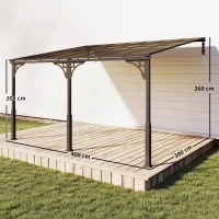 Outsunny 4 x 3 m Metal Lean-to Pergola, Wall-Mounted Garden Pergola with Polycarbonate Roof and Metal-Aluminium Frame, Heavy Duty Hardtop Gazebo for Outdoor Patios, BBQ, Brown(m-3)